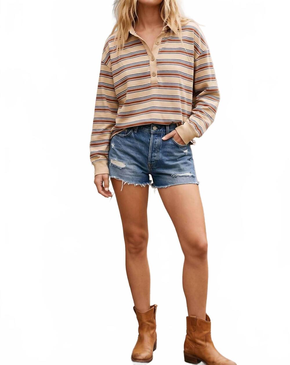 NEW SEWN AND SEEN oversized striped lightweight polo top in oatmeal combo